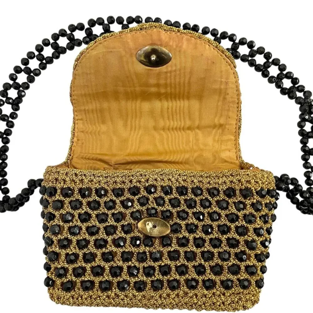 Vintage Italian Gold Crochet Black Bead Glam Evening Bag - Made in Italy Handbag